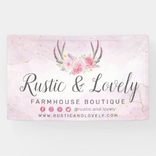 Errötendes Rosa Gold Rustikale Blumen Geweihe Soci Banner