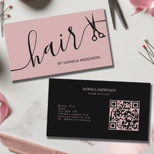 Errötendes Rosa Haar Script Stylist Schere QR Code Visitenkarte