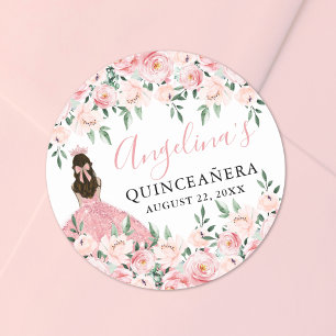 Errötendes Rosa Kronen Blumen Quinceanera Runder Aufkleber