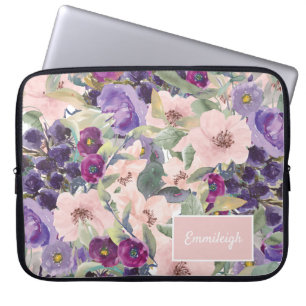 Errötendes Rosa Lila Aquarell Blumen Monogramm Nam Laptopschutzhülle