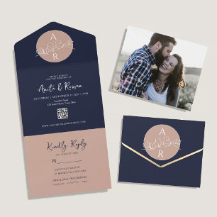 Errötendes Rosa Marineblau QR Foto Hochzeit All In One Einladung