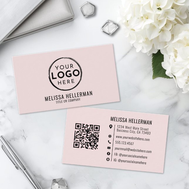 Errötendes Rosa Professionelles Logo QR-Code Visitenkarte (Blush Pink Professional Logo QR Code Business Card)