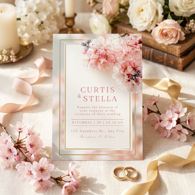 Errötendes Rosa Romantischer Sakura Goldrahmen Hoc Einladung (Von Creator hochgeladen)