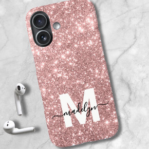 Errötendes Rosa Roségold Glitter Name Monogramm iPhone 16 Hülle