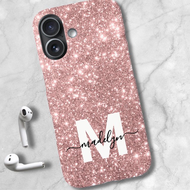 Errötendes Rosa Roségold Glitter Name Monogramm Case-Mate iPhone Hülle (Blush Pink Rose Gold Glitter Name Monogram iPhone 16 Case)
