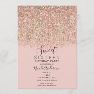 Errötendes Rosa & Roségold Glitter Sweet 16 Party Einladung