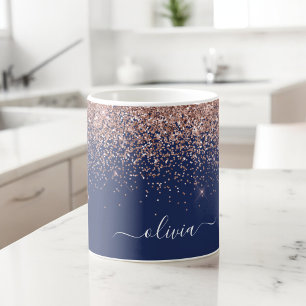 Errötendes Rosa Roségold Marineblau Glitter Monogr Kaffeetasse