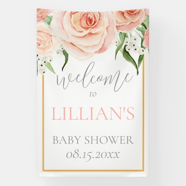 Errötendes Rosa Rosen Florales Mädchen Baby Shower Banner (Vertikal)