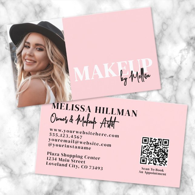 Errötendes Rosa Schrift QR-Code Foto Make-up Visitenkarte (Blush Pink Script Logo Makeup Name Tag)