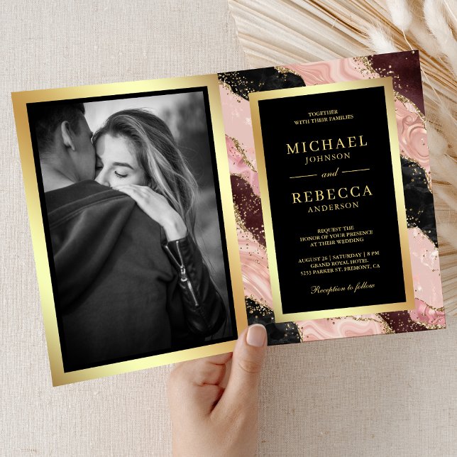Errötendes Rosa Schwarz Gold Achat Marmor QR-Code  Einladung (Von Creator hochgeladen)