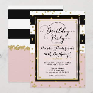 Errötendes Rosa Schwarz Weiß & Gold Glam Geburtsta Einladung