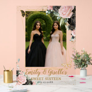 Errötendes Rosa Schwarzes Florales Quinceanera-Geb Acrylschild