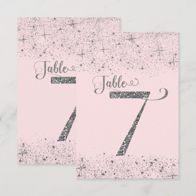 Errötendes Rosa Silber Glitter-Tischzahlen Nummer  Einladung (Vorne/Hinten)