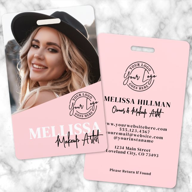 Errötendes Rosa Skript-Logo-Foto-Make-up Ausweis (Blush Pink Script Logo Photo Makeup Badge)