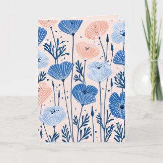 Errötendes Rosa und Blaue Mohn Illustration Dankeskarte