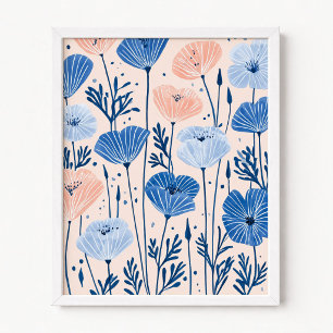 Errötendes Rosa und Blaue Mohn Illustration Poster