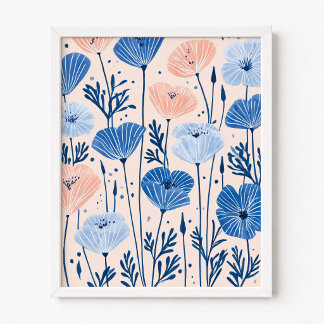 Errötendes Rosa und Blaue Mohn Illustration Poster