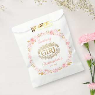 Errötendes Rosa und Gold Florales Mädchen Baby-Par Geschenktütchen