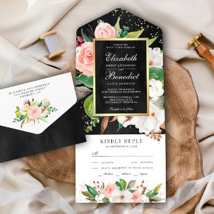Errötendes Rosa Weiß Magnolie Blumen Schwarz Hochz All In One Einladung