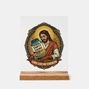 Erschöpfter Jesus Leere Proteinpulver-Dose Gym-Hum Acrylschild