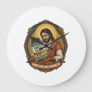 Erschöpfter Jesus Leere Proteinpulver-Dose Gym-Hum Große Wanduhr