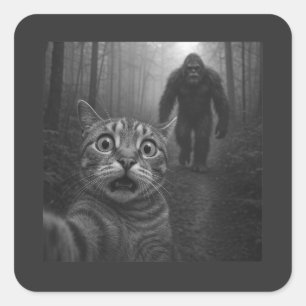 Erschrecktes Katzen-Selfie mit Sasquatsch Bigfoot Quadratischer Aufkleber