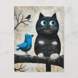 Erschrochene schwarze Katze und blauer Vogel auf A Postkarte