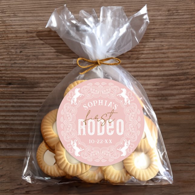 Erstaufkleber Rodeo 1. Geburtstag - Rosa Western P Runder Aufkleber (Favor Sticker)