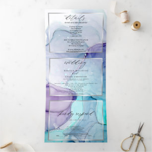 Erstaunliche Aqua-Violette Abstrakte Tinte Tri-Fol Dreifach Gefaltete Einladung