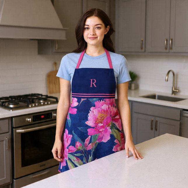 Erstaunliche rosa florale Monogramm-Blüte Schürze (Stunning Pink Floral Bloom Monogrammed Apron by Ricaso. Watercolor flowers in pink on dark blue
)