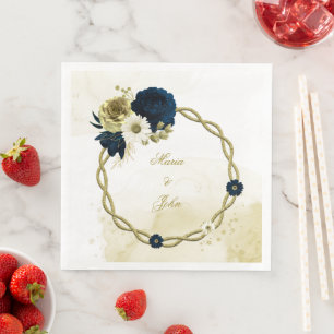 Erstaunlicher navyblauer Elfenbein-Gold-Blumenkran Serviette