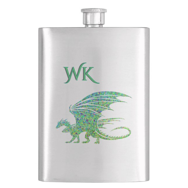 Erstaunliches grünes Mosaik-Drachen-Monogramm  Flachmann (Vorderseite)