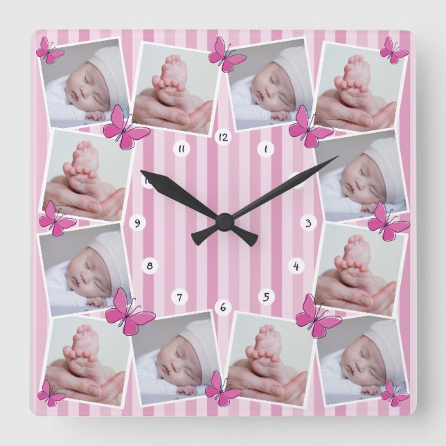 Erste 12 Monate Baby Foto Collage Pink Butterfly Quadratische Wanduhr (Vorderseite)