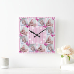 Erste 12 Monate Baby-Foto-Collage Rosa Schmetterli Quadratische Wanduhr