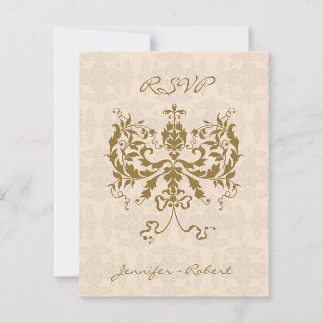 Erste Antwortkarte für Creme und Gold Damask RSVP Karte (Vorderseite)