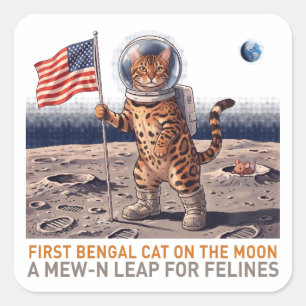 Erste Bengalkatze auf dem Mond - Retro Weltraumkat Quadratischer Aufkleber