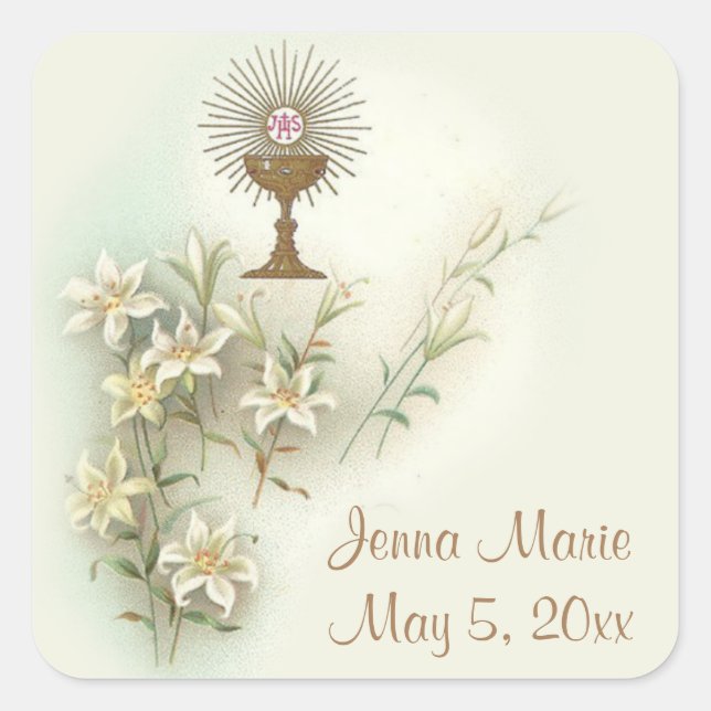 Erste Blume der Eucharistie-Kommunion Quadratischer Aufkleber (Vorderseite)