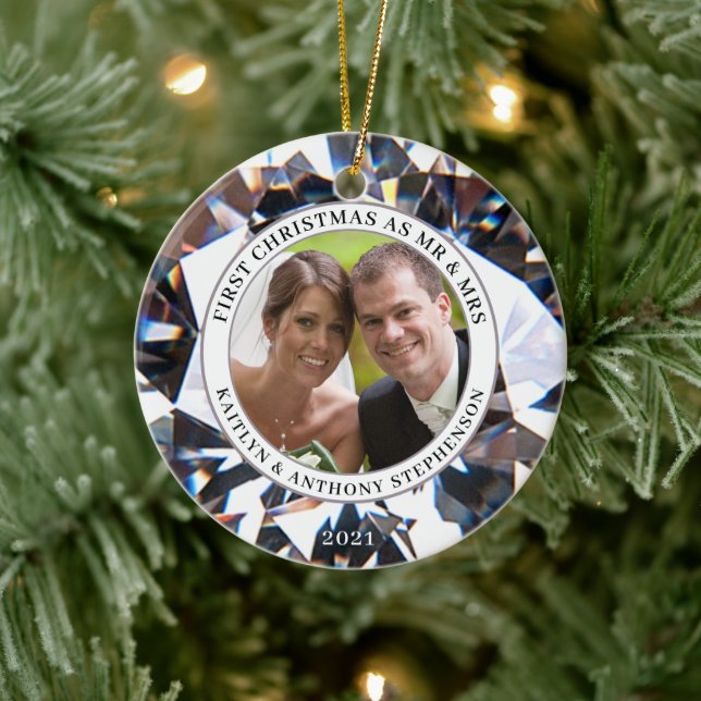 ERSTE CHRISTMAS ALS HERR UND FRAU Diamond 2 Foto C Keramik Ornament (Baum)