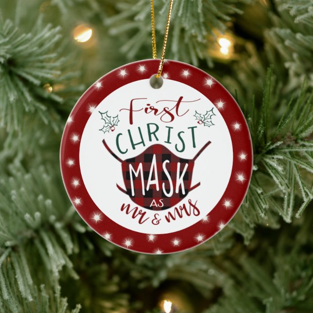 Erste ChristMASK als Mr. und Mrs. Buffalo Karo Fot Keramik Ornament (Baum)