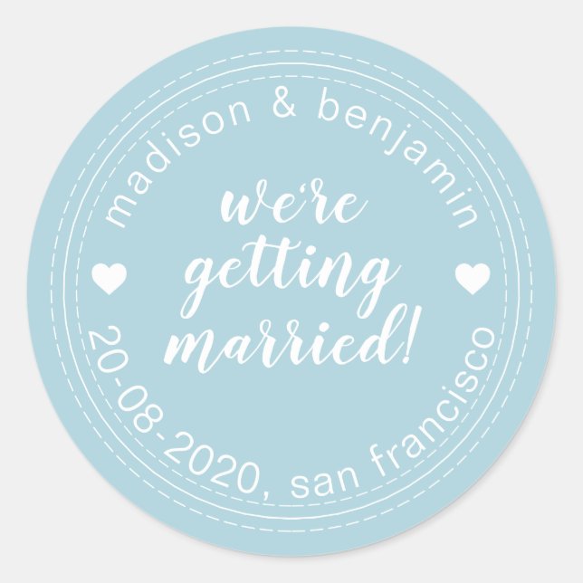 Erste Ehe Save the Date Blau Runder Aufkleber (Vorderseite)