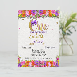 Erste Einladung zum Geburtstag mit Blumen und Gold