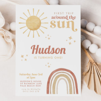 Erste Fahrt um Sun Boho Rainbow 1. Geburtstag Einladung
