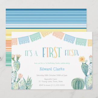Erste Fiesta Yellow Blue Cactus 1. Geburtstag Part Einladung