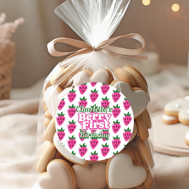 Erste Geburtstag Pink Erdbeere Beere Runder Aufkleber (Von Creator hochgeladen)