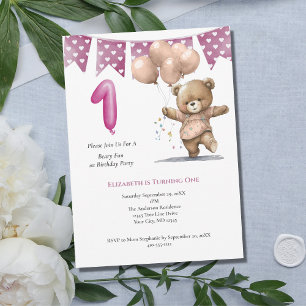 Erste Geburtstags-Party Baby Girl Bear Balloons Einladung
