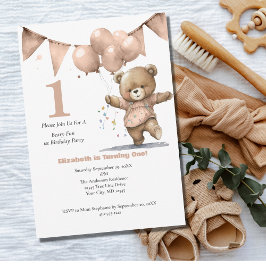Erste Geburtstags-Party Baby Girl Bear Balloons Einladung