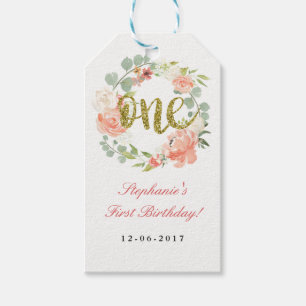 Erste Geburtstags-Rosa-Gold-Blumenreath-Tags Geschenkanhänger