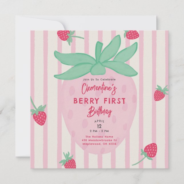 Erste Geburtstagseinladung für Mädchen mit Beeren (Vorderseite)