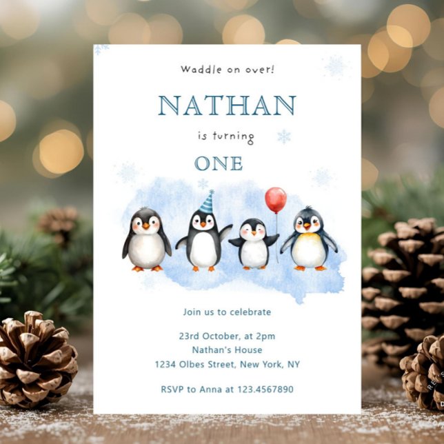 Erste Geburtstagseinladung für Winter-Pinguin Einladung (penguin birthday invitation,
penguin first birthday,
winter birthday invite,
arctic animal birthday,)