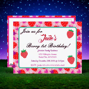 Erste Geburtstagseinladung Pink Strawberry Postkarte